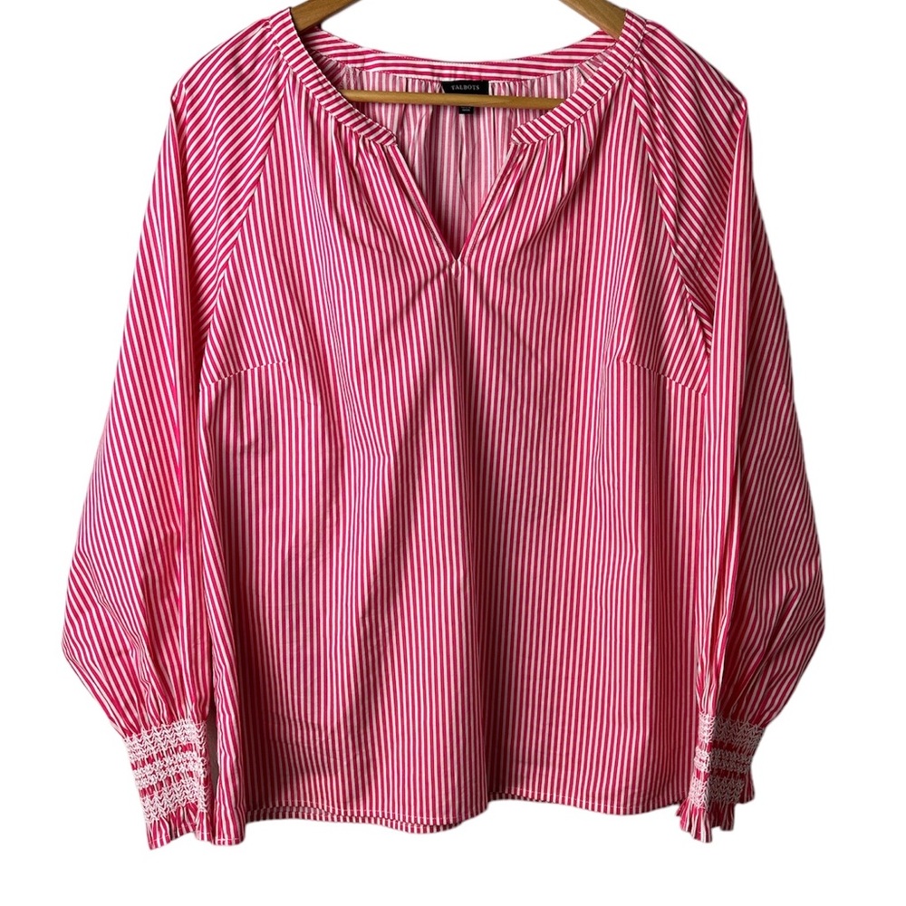TALBOTS SMOCKED RAGLAN STRIPE POPOVER, Size Large